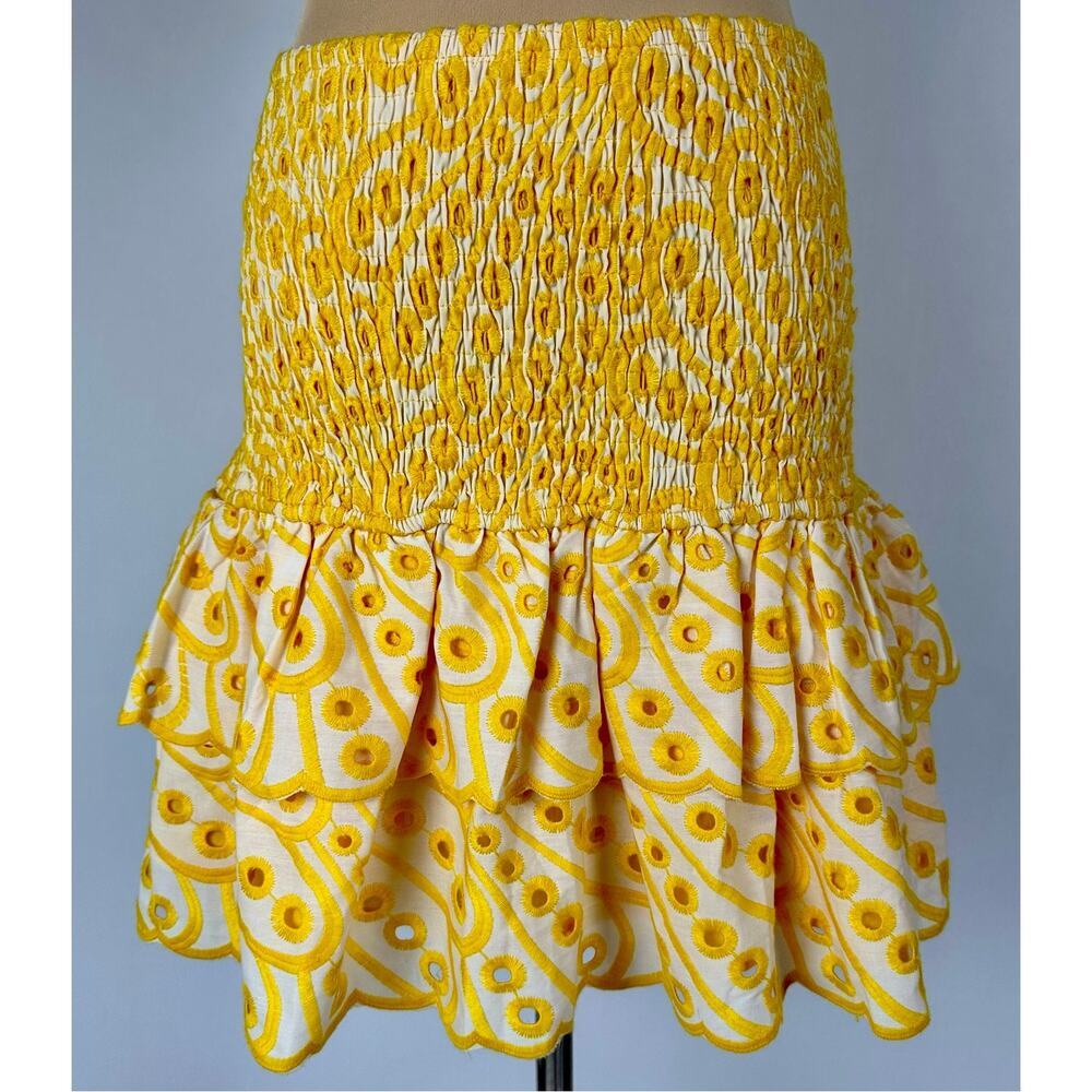 Mainstrip Sunshine Yellow Eyelet Lace Smocked 100% Cotton Mini Skirt Festival M